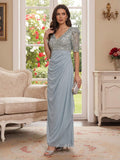 Sheath/Column V-Neck Half Sleeves Ankle-Length Mother of the Bride Dresses with Applique & Ruffles