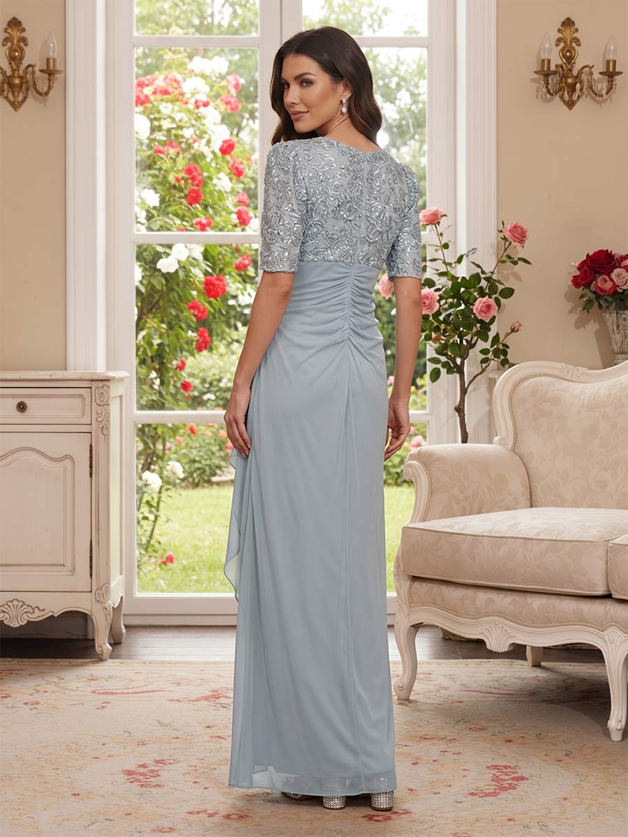 Sheath/Column V-Neck Half Sleeves Ankle-Length Mother of the Bride Dresses with Applique & Ruffles