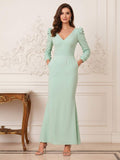 Trumpet/Mermaid V-Neck Long Sleeves Ankle-Length Mother of the Bride Dresses with Pleats
