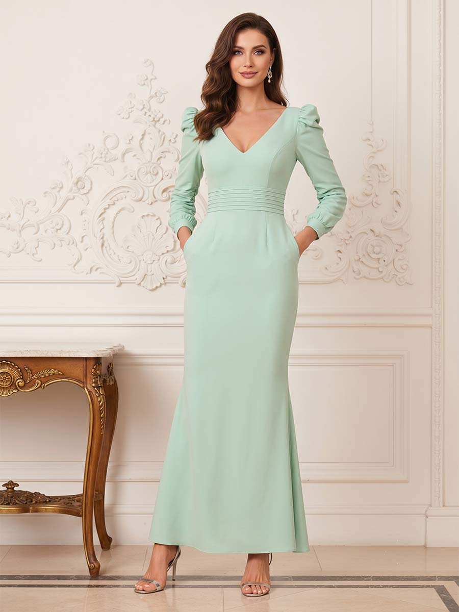 Trumpet/Mermaid V-Neck Long Sleeves Ankle-Length Mother of the Bride Dresses with Pleats