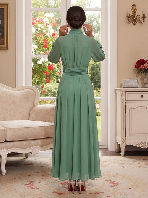 A-Line/Princess High Neck Long Sleeves Ankle-Length Mother of the Bride Dresses with Scarf & Ruched