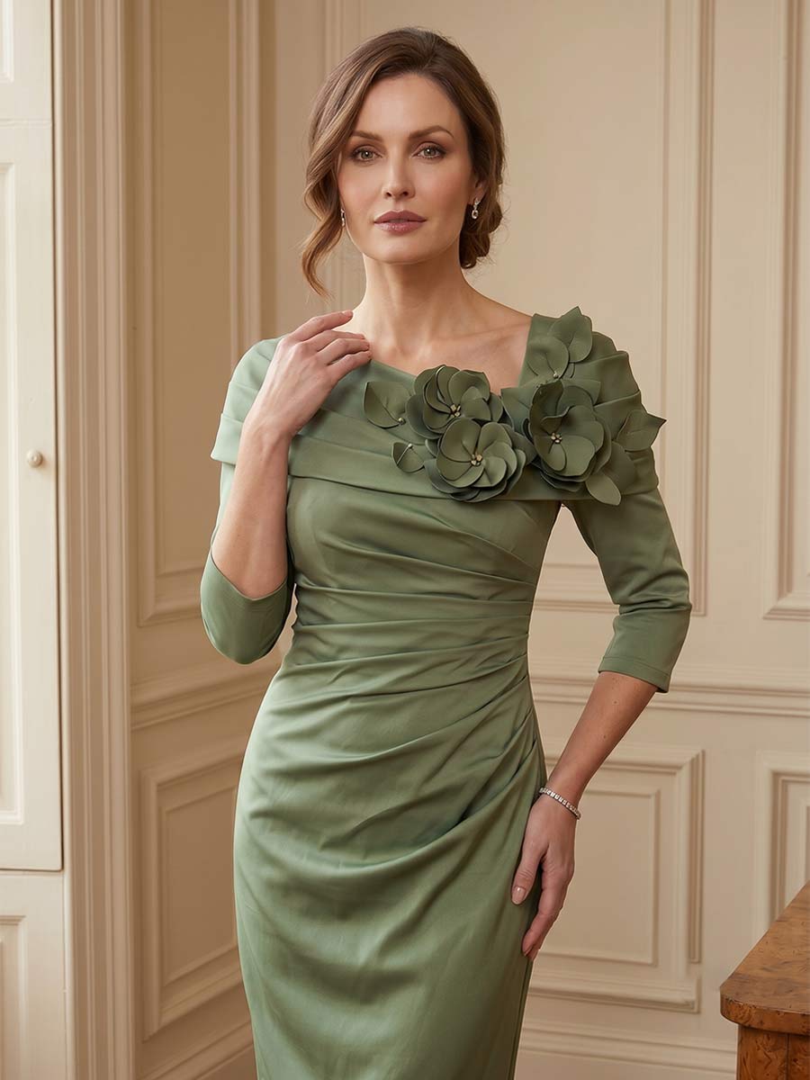 Sheath/Column Asymmetric Tea-Length 3/4 Sleeves Mother of the Bride Dresses with 3D Floral & Pleated