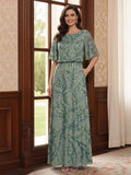 Sheath/Column Scoop Flutter Sleeves Floor-Length Mother of the Bride Dresses with Sequins