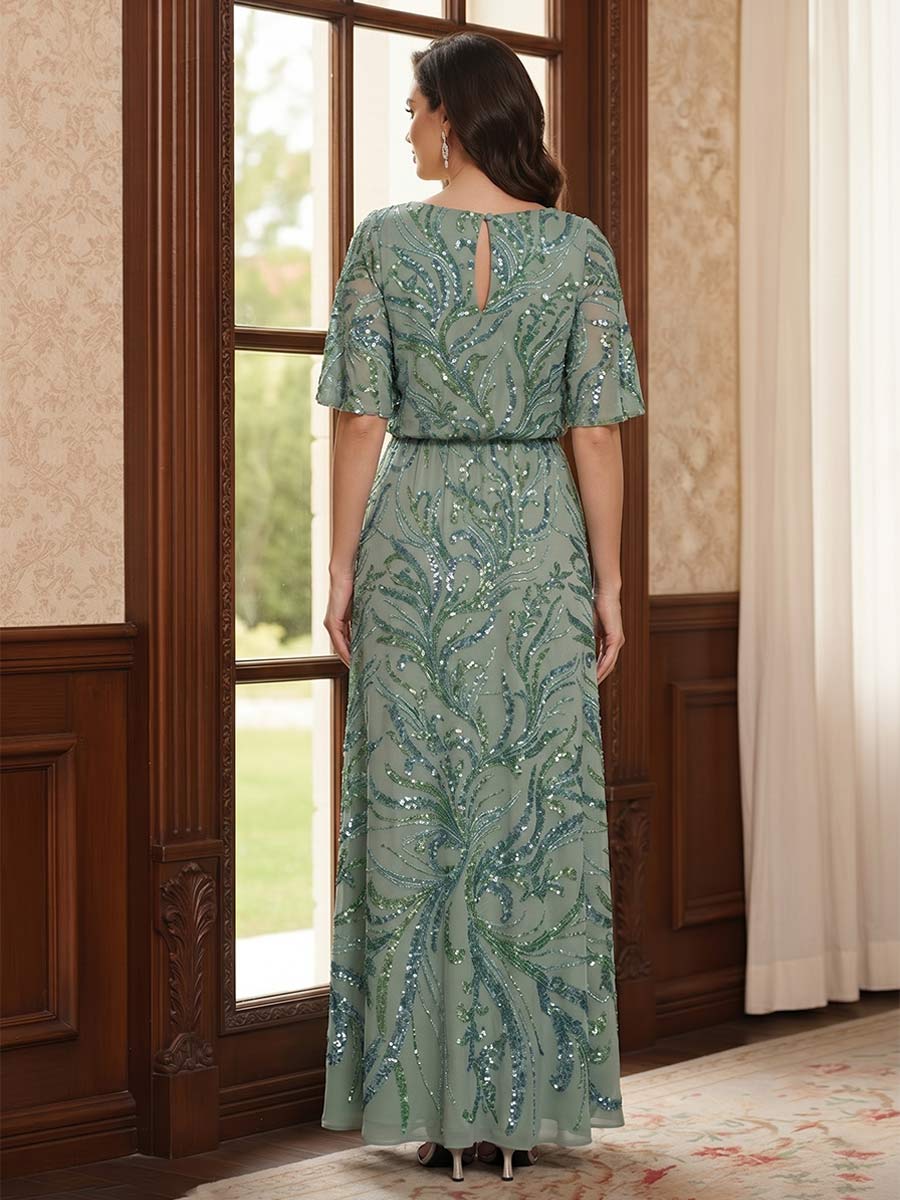 Sheath/Column Scoop Flutter Sleeves Floor-Length Mother of the Bride Dresses with Sequins