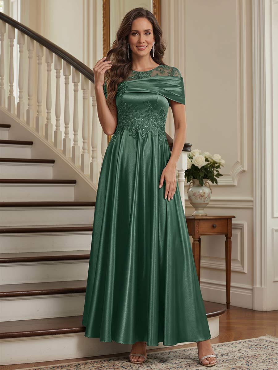 A-Line/Princess Scoop Short Sleeves Ankle-Length Mother of the Bride Dresses with Beading & Pleated