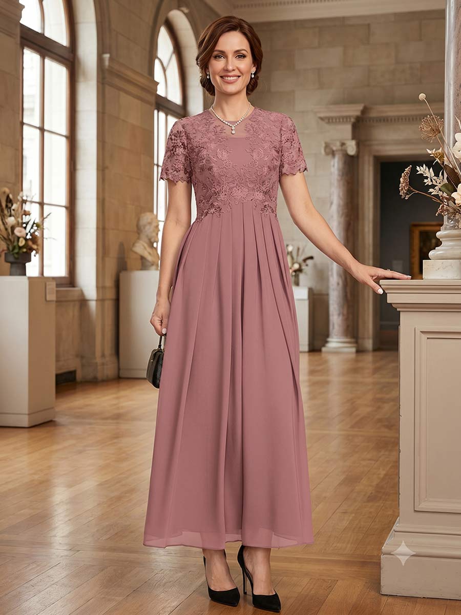 A-Line/Princess Scoop Short Sleeves Ankle-Length Mother of the Bride Dresses with Applique & Pleated
