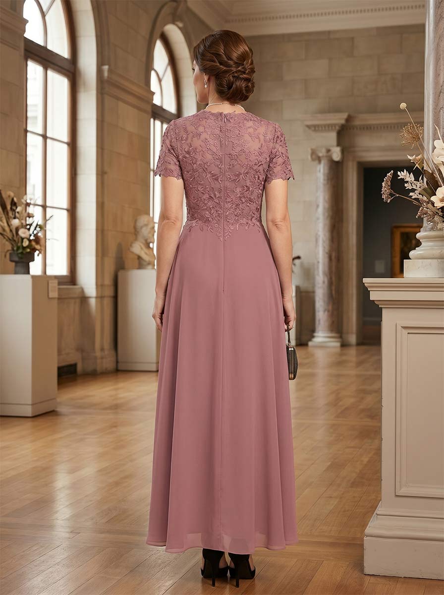 A-Line/Princess Scoop Short Sleeves Ankle-Length Mother of the Bride Dresses with Applique & Pleated