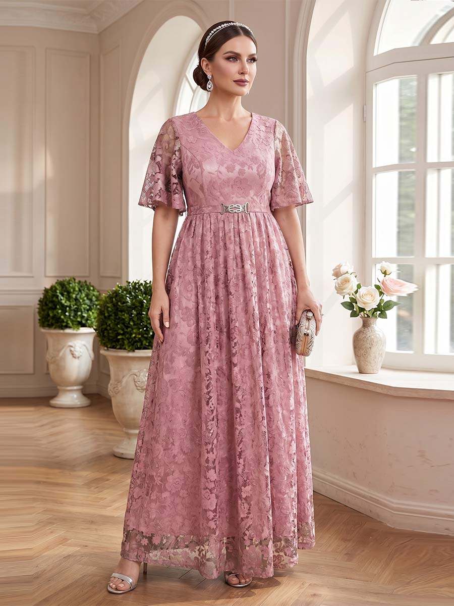 A-Line/Princess V-Neck Short Sleeves Floor-Length Mother of the Bride Dresses with Lace & Sash