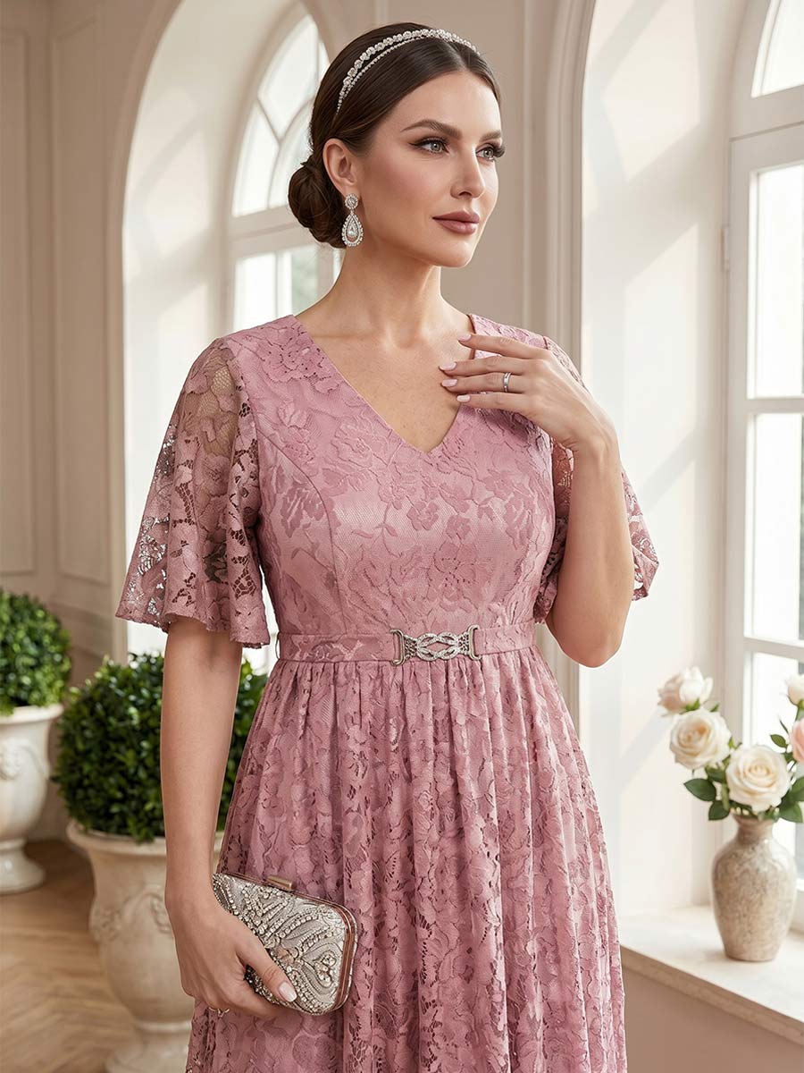 A-Line/Princess V-Neck Short Sleeves Floor-Length Mother of the Bride Dresses with Lace & Sash