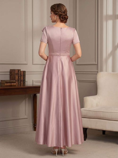 A-Line/Princess Scoop Short Sleeves Ankle-Length Mother of the Bride Dresses with Bowknot & Pleated