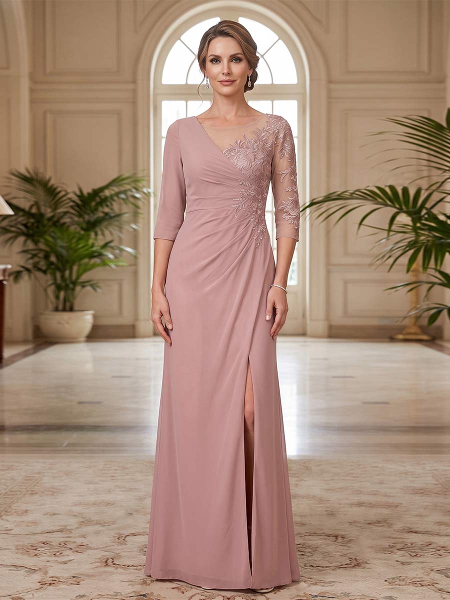 Sheath/Column Scoop 3/4 Sleeves Floor-length Mother of the Bride Dresses with Split Side & Appliques