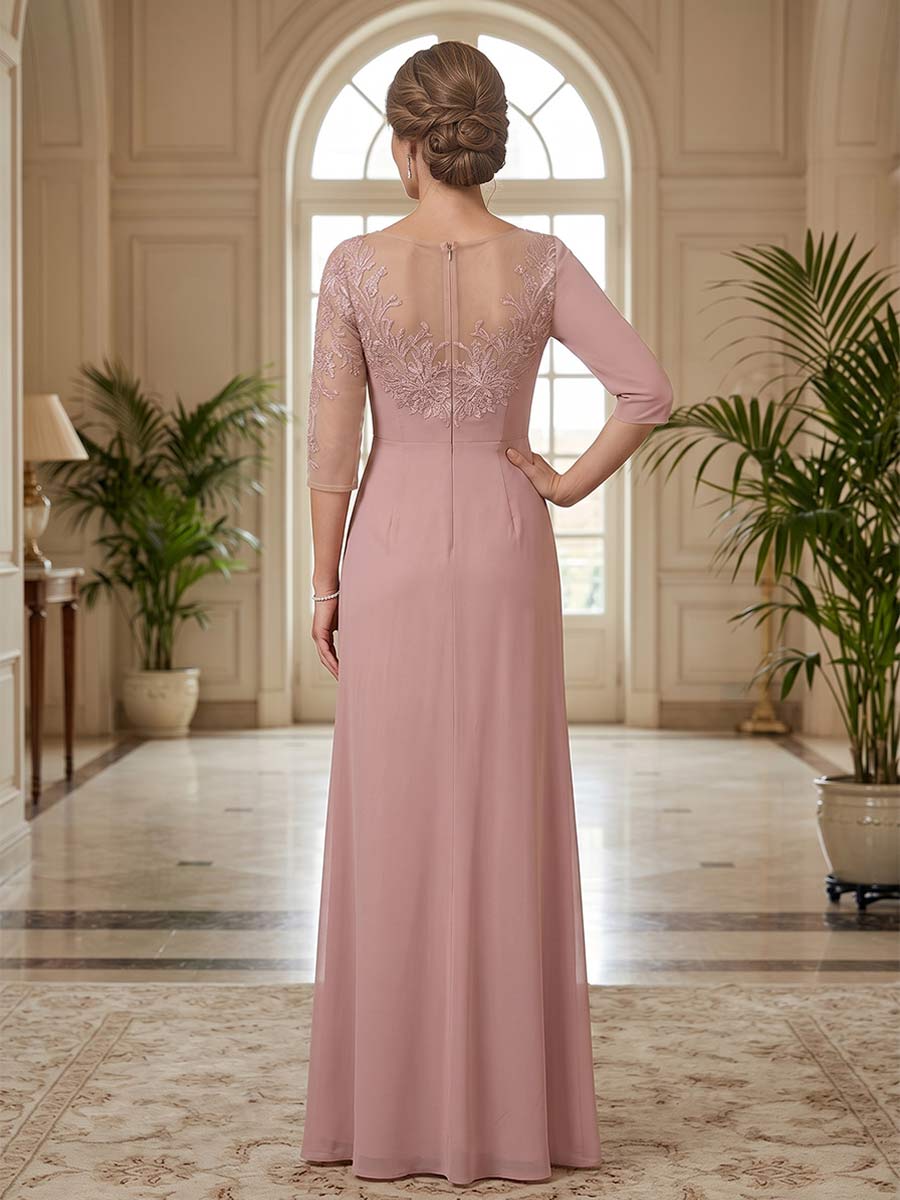 Sheath/Column Scoop 3/4 Sleeves Floor-length Mother of the Bride Dresses with Split Side & Appliques