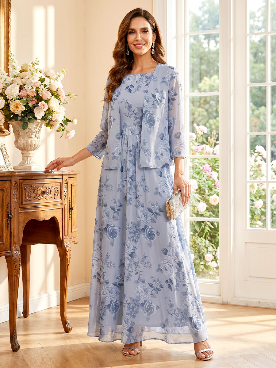 A-Line/Princess Scoop 3/4 Sleeves Floor-Length Mother of the Bride Dresses with Jacket & Ruched