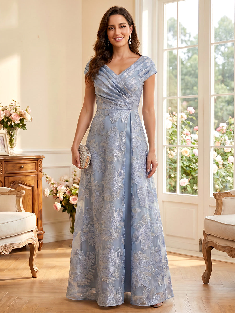 A-Line/Princess V-Neck Short Sleeves Floor-Length Mother of the Bride Dresses with Ruched