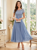 A-Line/Princess Scoop Short Sleeves Tea-Length Mother of the Bride Dresses with Applique & Ruched