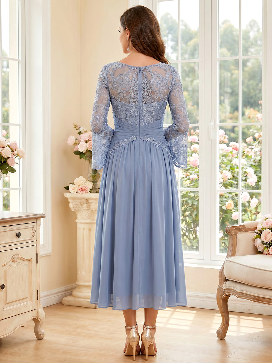 A-Line/Princess Scoop Long Sleeves Tea-Length Mother of the Bride Dresses with Applique & Ruched
