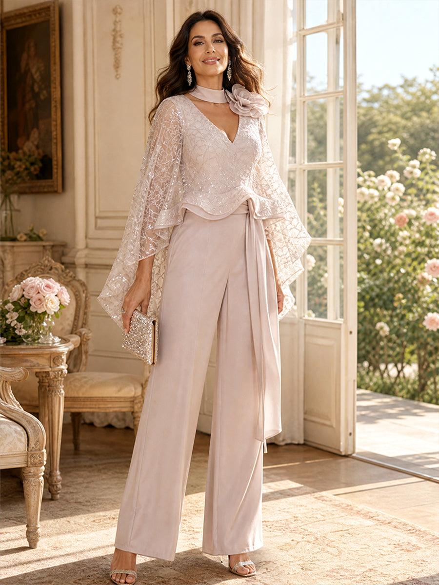 Jumpsuit V Neck Flutter Sleeves Floor-Length Mother of the Bride Dresses with Lace & 3D Floral