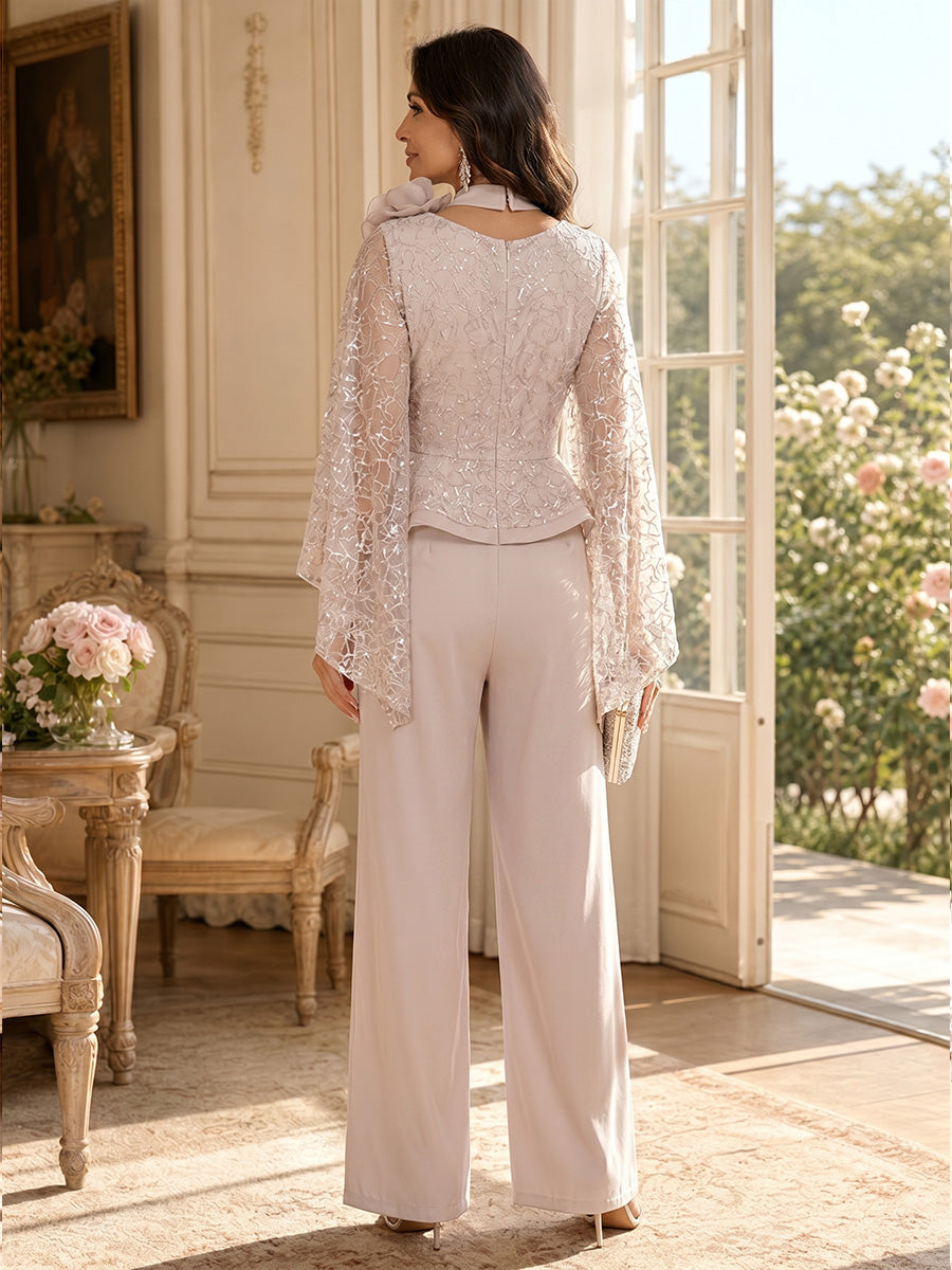Jumpsuit V Neck Flutter Sleeves Floor-Length Mother of the Bride Dresses with Lace & 3D Floral