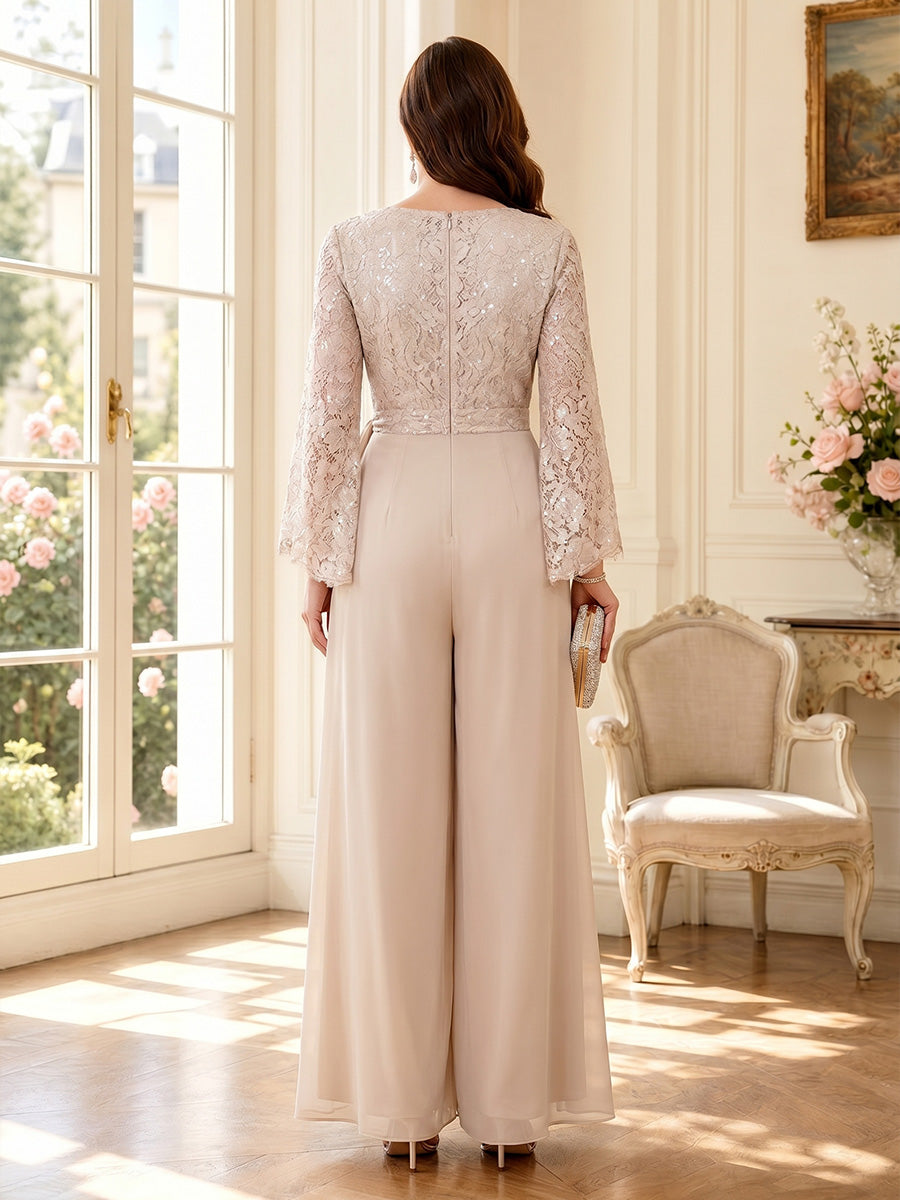 Jumpsuit V Neck Long Sleeves Floor-Length Mother of the Bride Dresses with Lace & Bowknot