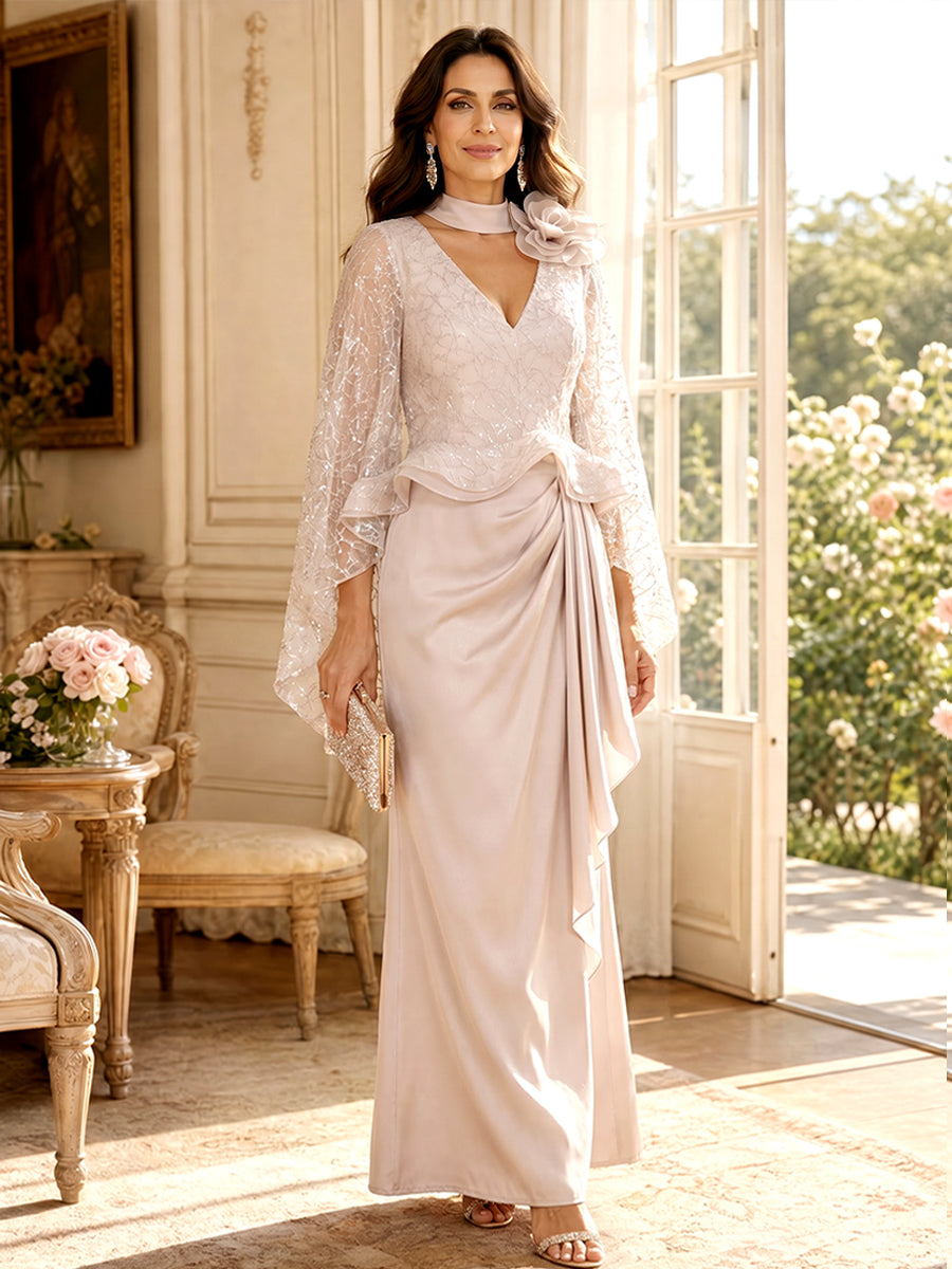 Sheath/Column V-Neck Flutter Sleeves Floor-Length Mother of the Bride Dresses with Lace & Ruffles