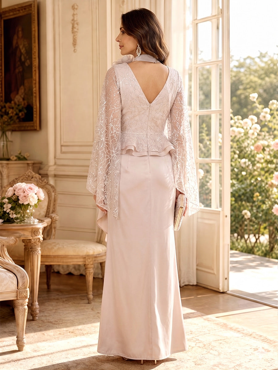 Sheath/Column V-Neck Flutter Sleeves Floor-Length Mother of the Bride Dresses with Lace & Ruffles