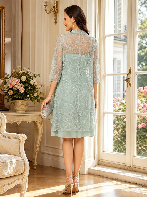 A-Line/Princess Square Neck 3/4 Sleeves Knee-Length Mother of the Bride Dresses with Jacket & Ruffles