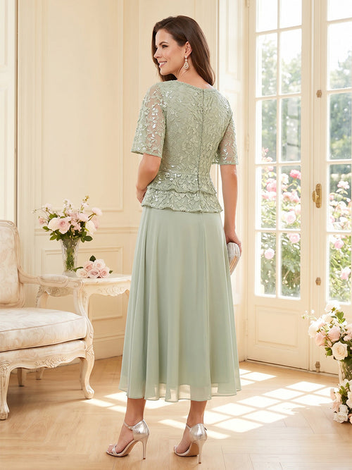 A-Line/Princess Scoop Half Sleeves Tea-Length Mother of the Bride Dresses with Lace & Ruffles
