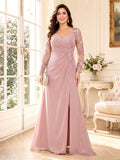A-Line/Princess V-Neck Long Sleeves Floor-Length Mother of the Bride Dresses with Split Side & Applique