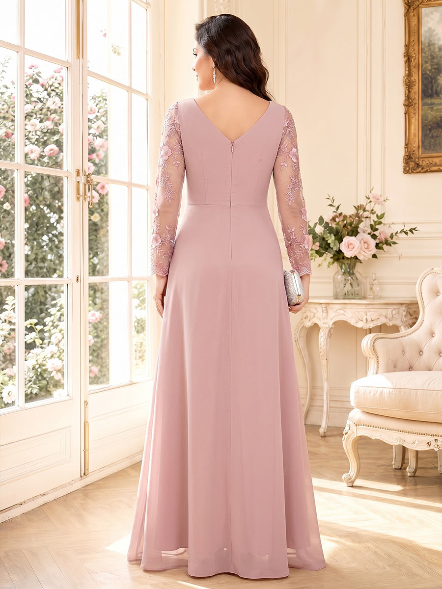 A-Line/Princess V-Neck Long Sleeves Floor-Length Mother of the Bride Dresses with Split Side & Applique