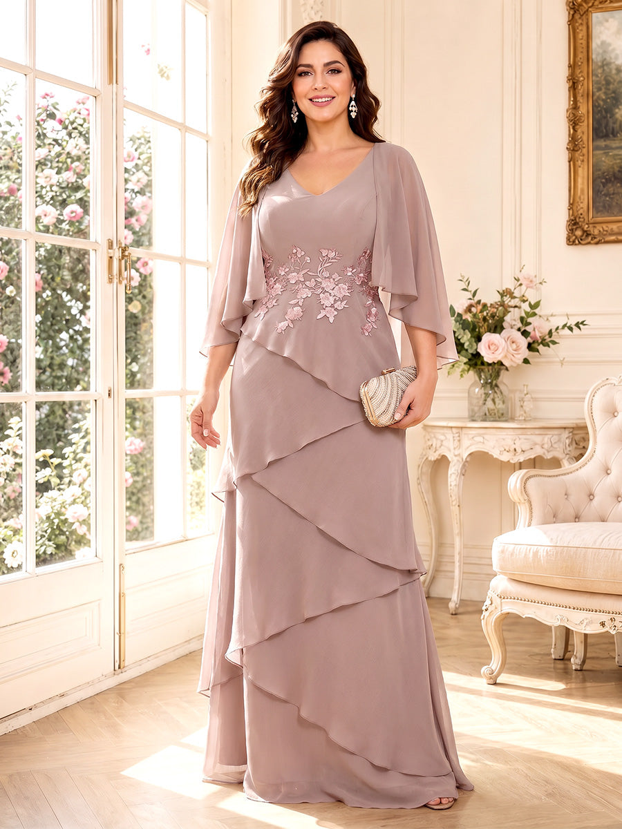 A-Line/Princess V-Neck 3/4 Sleeves Floor-Length Mother of the Bride Dresses with Ruffles & Applique