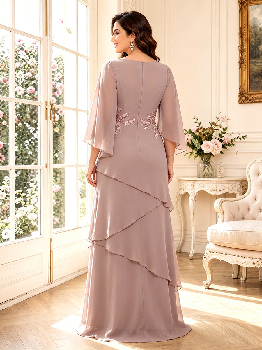 A-Line/Princess V-Neck 3/4 Sleeves Floor-Length Mother of the Bride Dresses with Ruffles & Applique