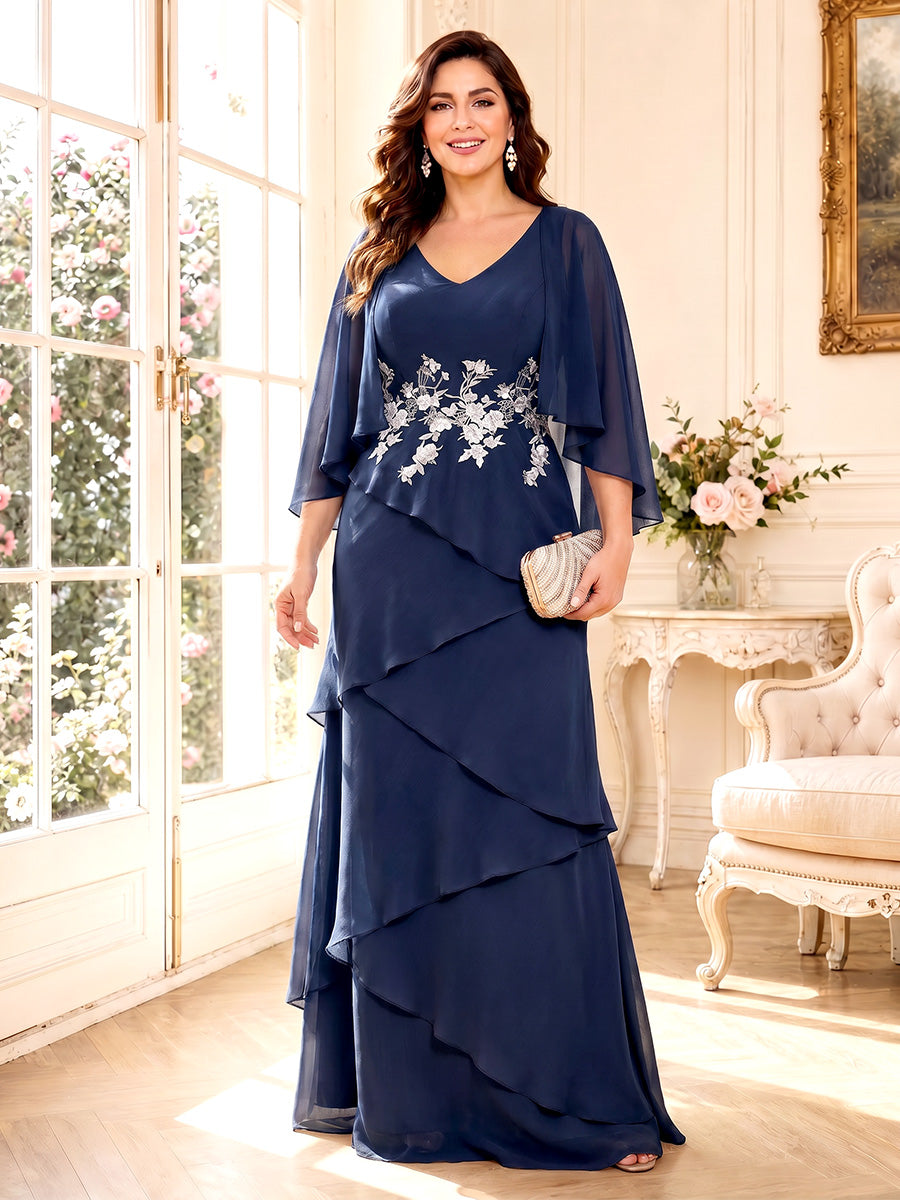 A-Line/Princess V-Neck 3/4 Sleeves Floor-Length Mother of the Bride Dresses with Ruffles & Applique