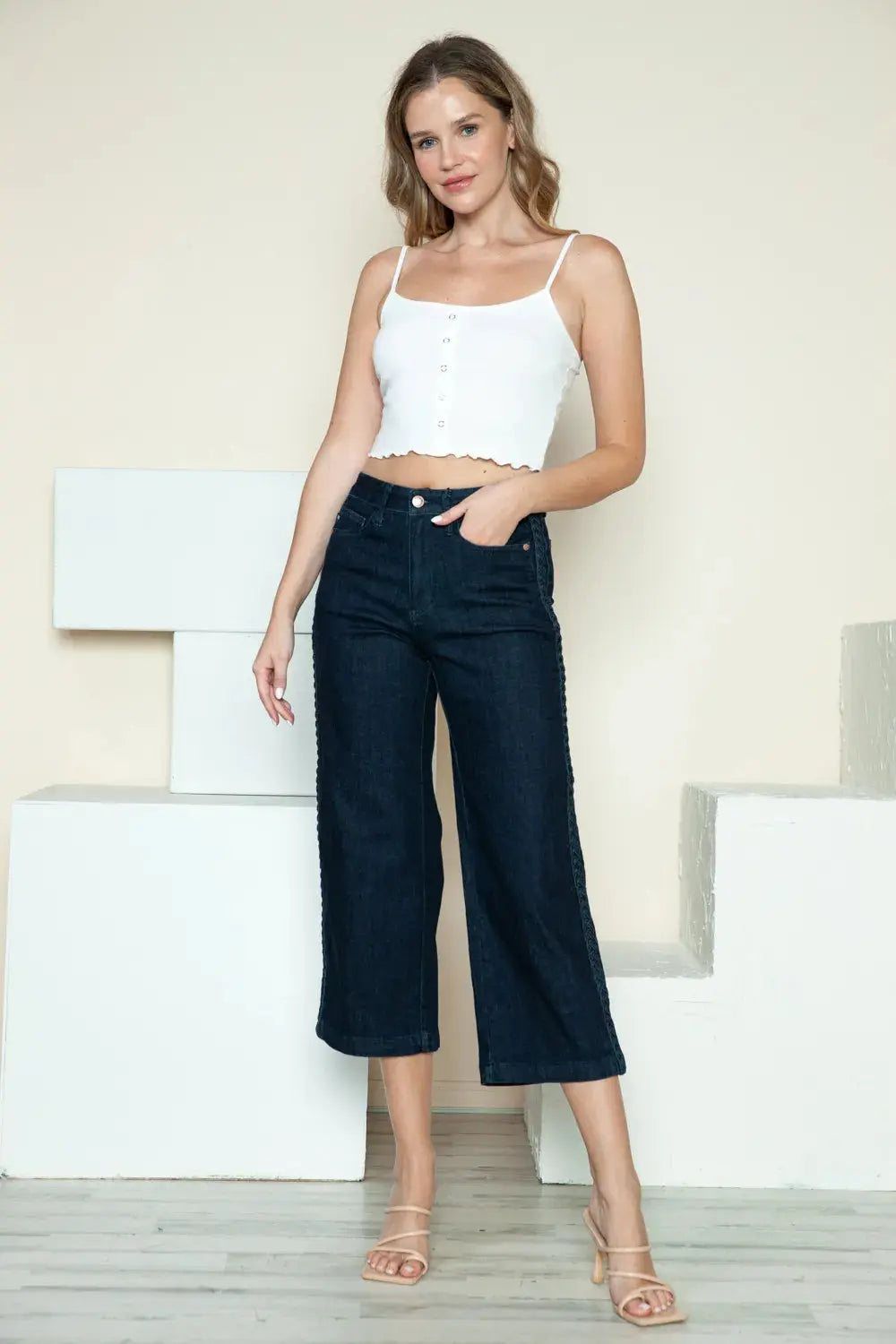 Judy Blue Full Size/Plus Size Side Seam Braid Detail Crop Wide Leg Jeans