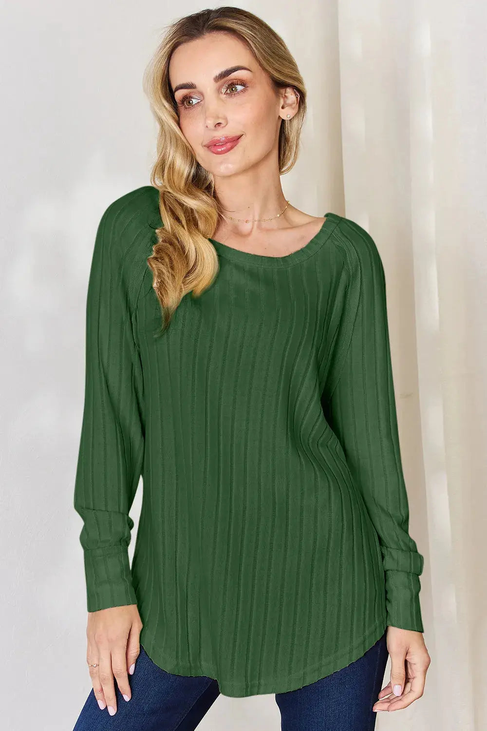 Basic Bae Ribbed Round Neck Slit Womens Long Sleeve T Shirt – Full & Plus Size