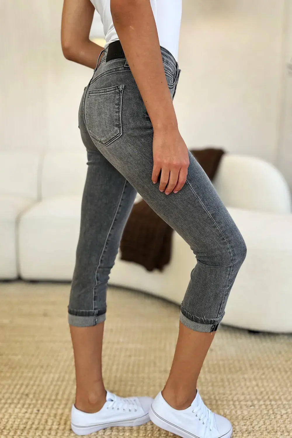 Judy Blue Jeans - Full Size Button Fly High Waist Cuffed Capris