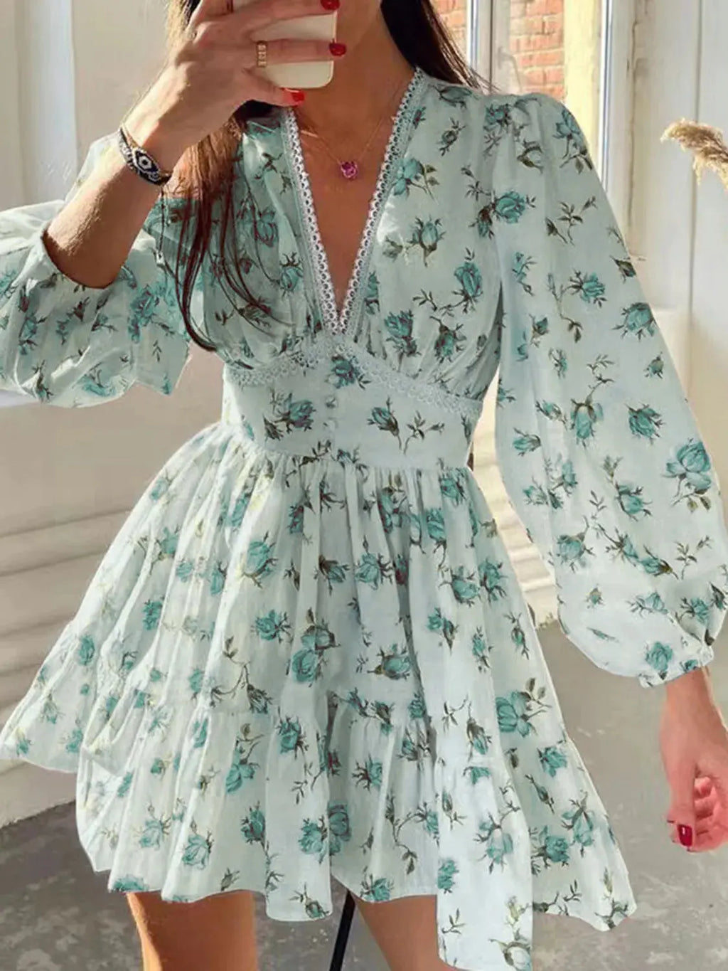 Lace Detail V Neck Balloon Sleeve Dress
