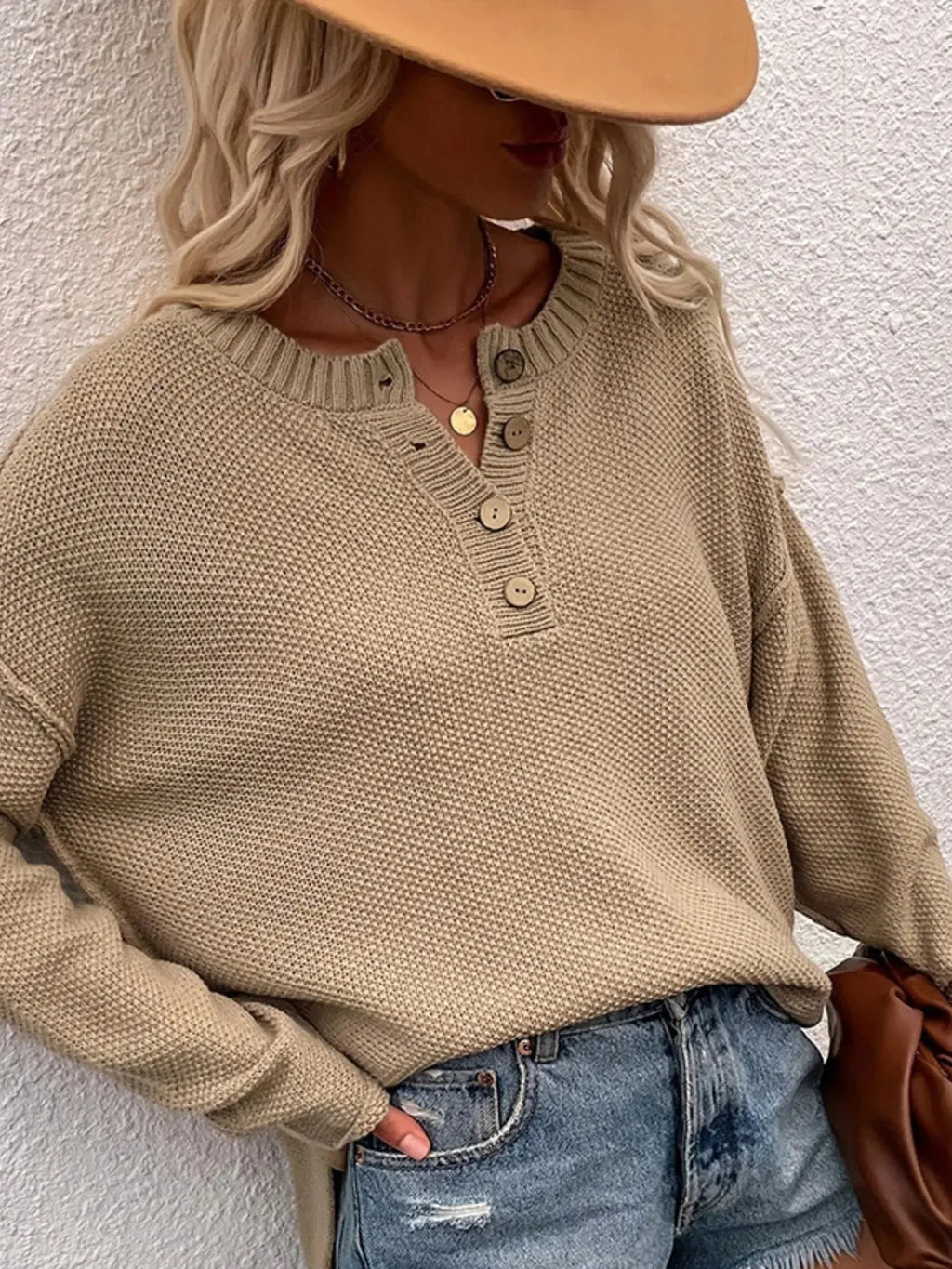 Waffle-Knit Button Detail Long Sleeve Knit Top