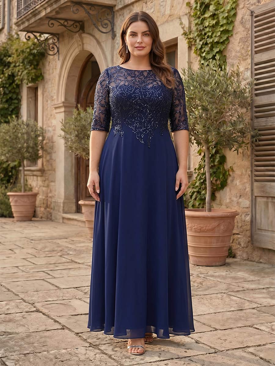 A-Line/Princess Sheer Neck Half Sleeves Plus Size Mother of the Bride Dresses with Beading & Sequins