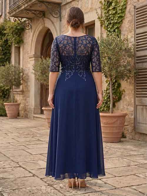 A-Line/Princess Sheer Neck Half Sleeves Plus Size Mother of the Bride Dresses with Beading & Sequins