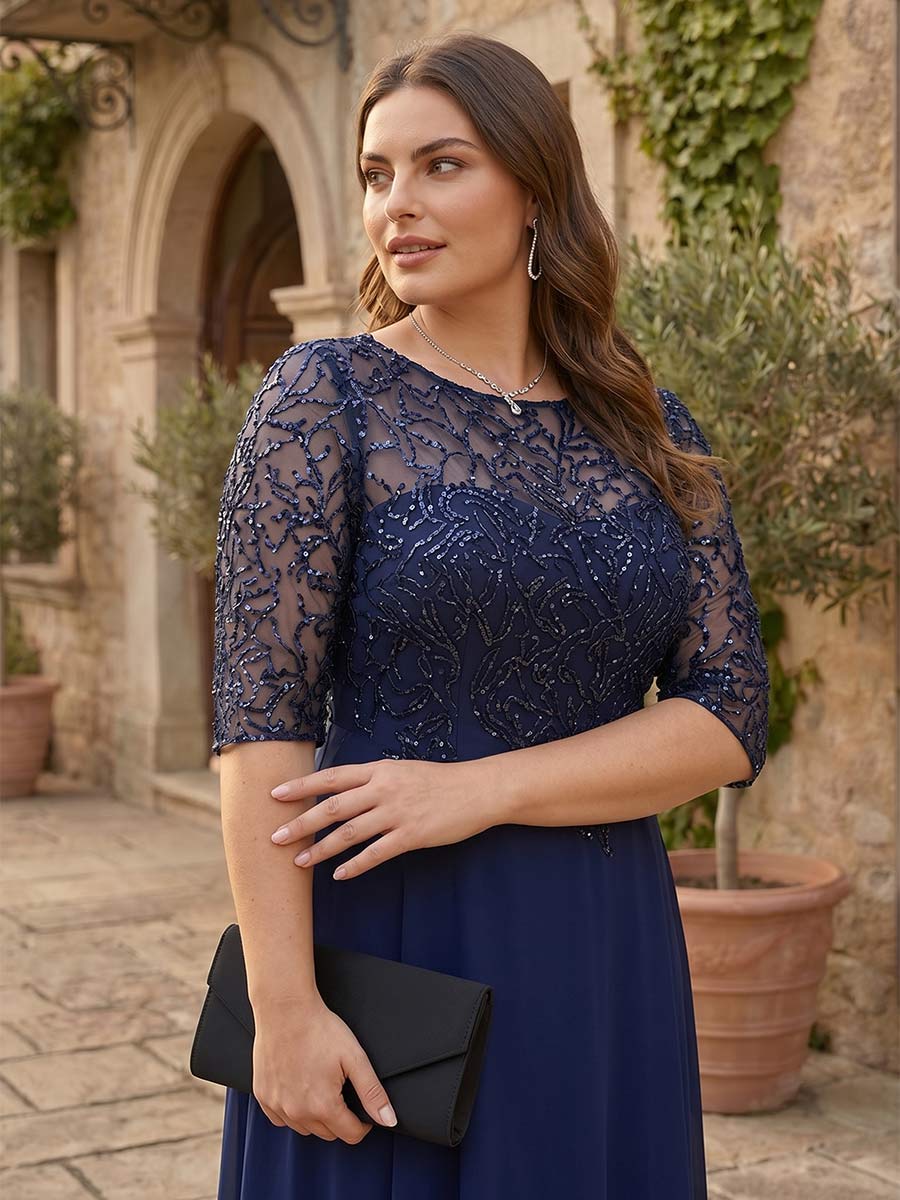 A-Line/Princess Sheer Neck Half Sleeves Plus Size Mother of the Bride Dresses with Beading & Sequins
