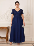 A-Line/Princess V-Neck Short Sleeves Long Formal Plus Size Mother of the Bride Dresses with Beading & Appliques