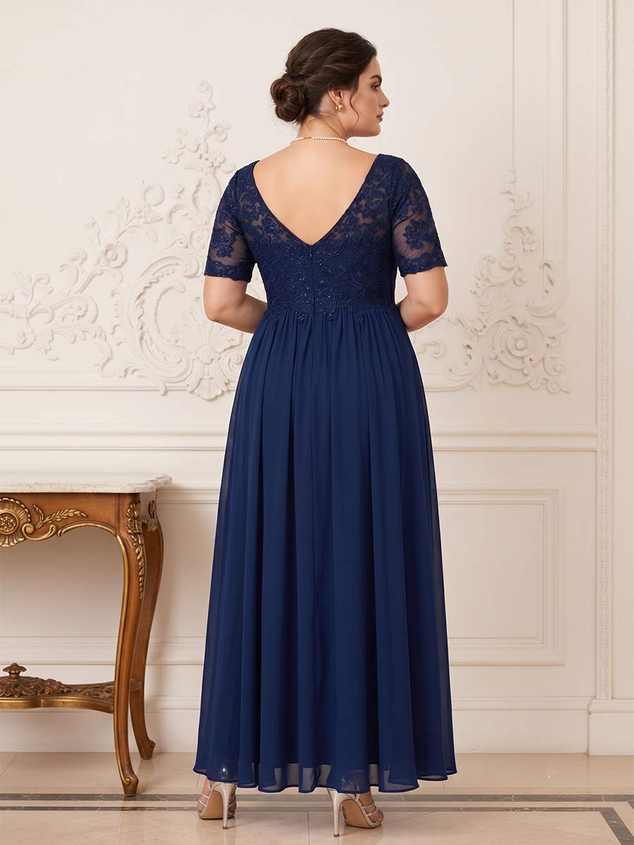 A-Line/Princess V-Neck Short Sleeves Long Formal Plus Size Mother of the Bride Dresses with Beading & Appliques
