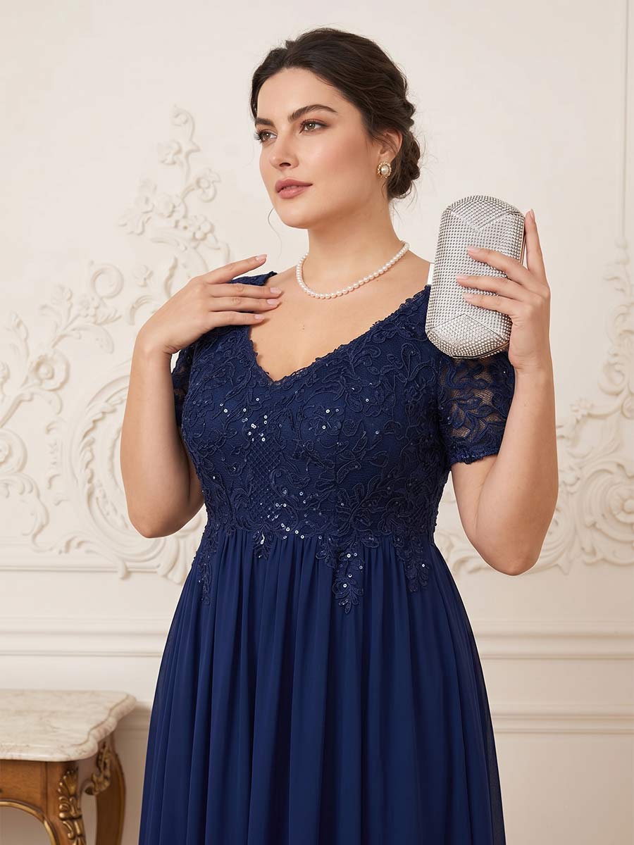 A-Line/Princess V-Neck Short Sleeves Long Formal Plus Size Mother of the Bride Dresses with Beading & Appliques