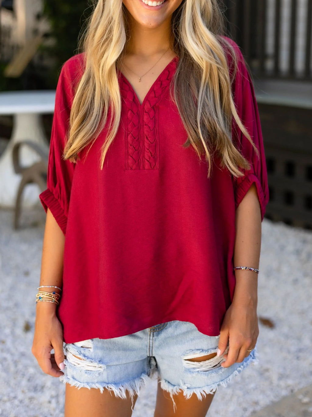 Women's Braided Detail V-Neck Half Sleeve Blouse