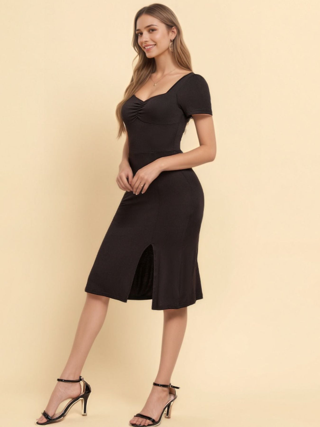 Ruched Sweetheart Neck Short Sleeve Midi Dress with Slit