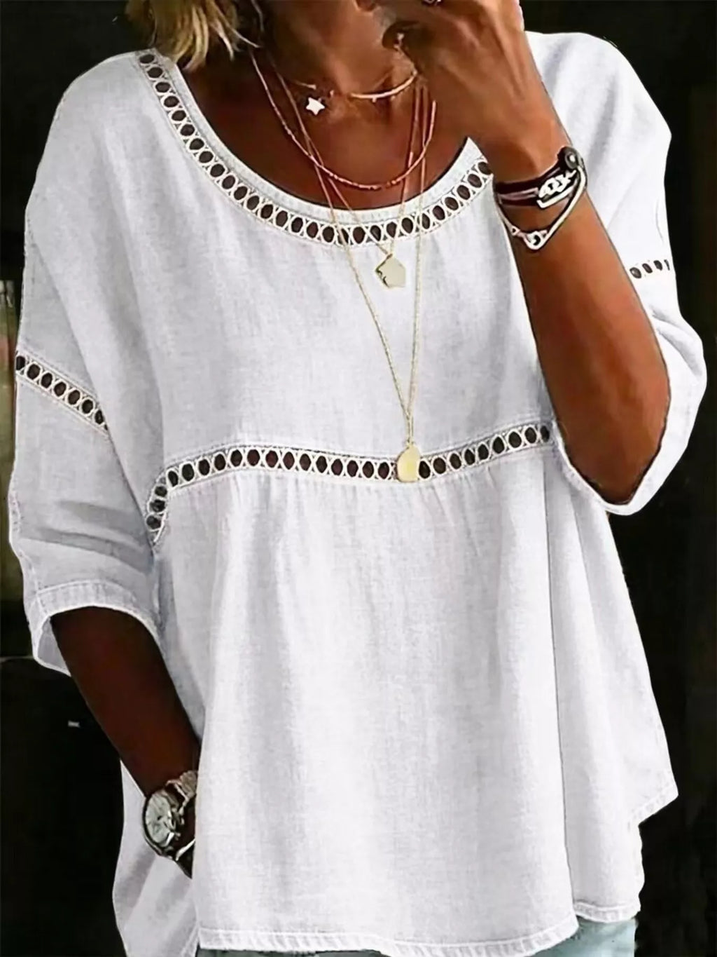 Full Size Hollow Out Round Neck Top