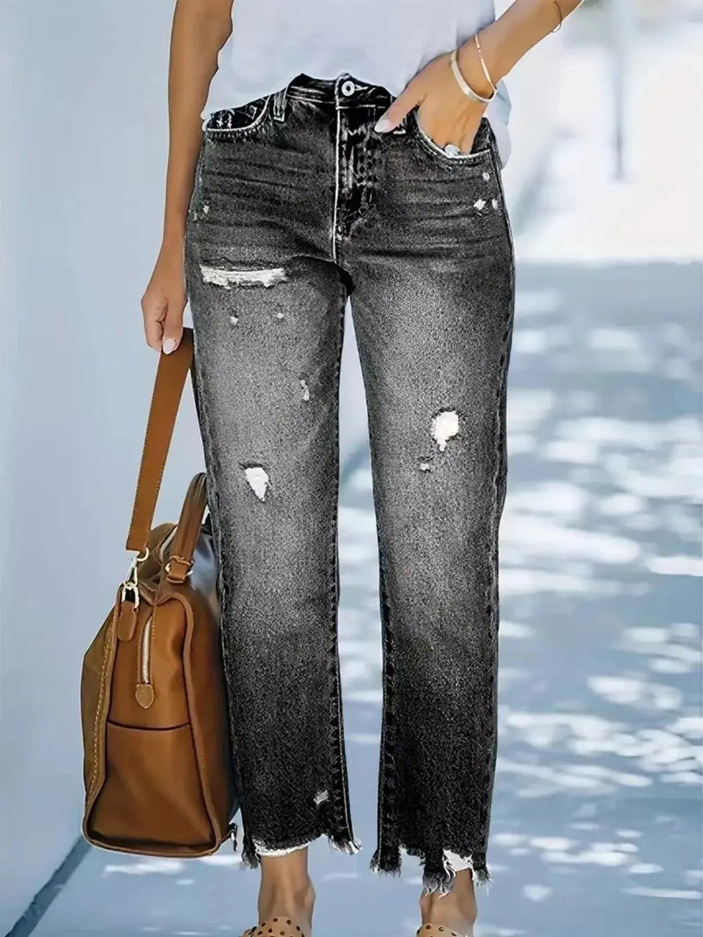 Distressed Straight Leg Jeans with Raw Hems