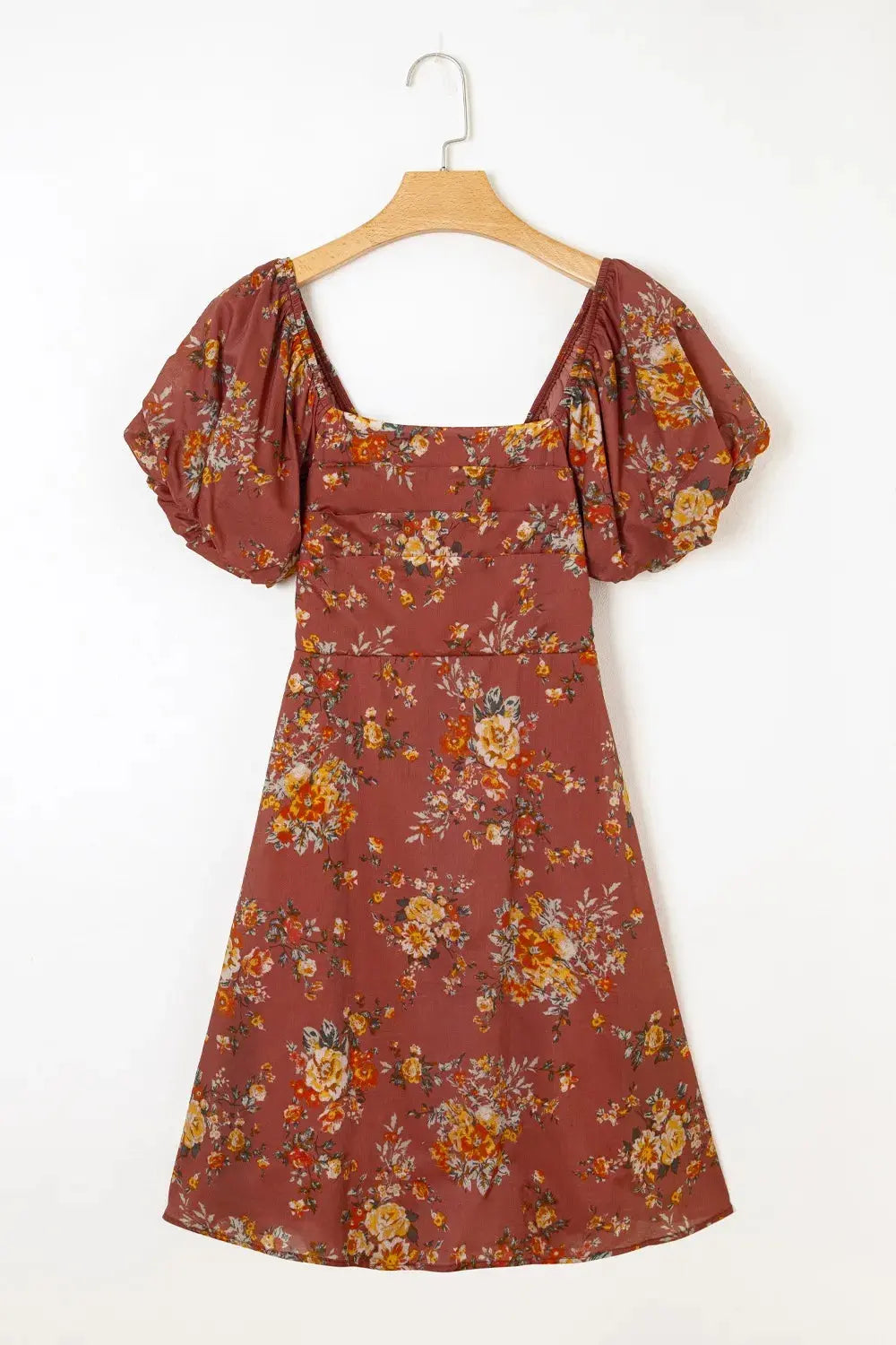 Floral Puff Sleeve Square Neck Knot Open Back Mini Dress