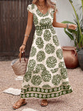 Printed V Neck Cap Sleeve Maxi Dress