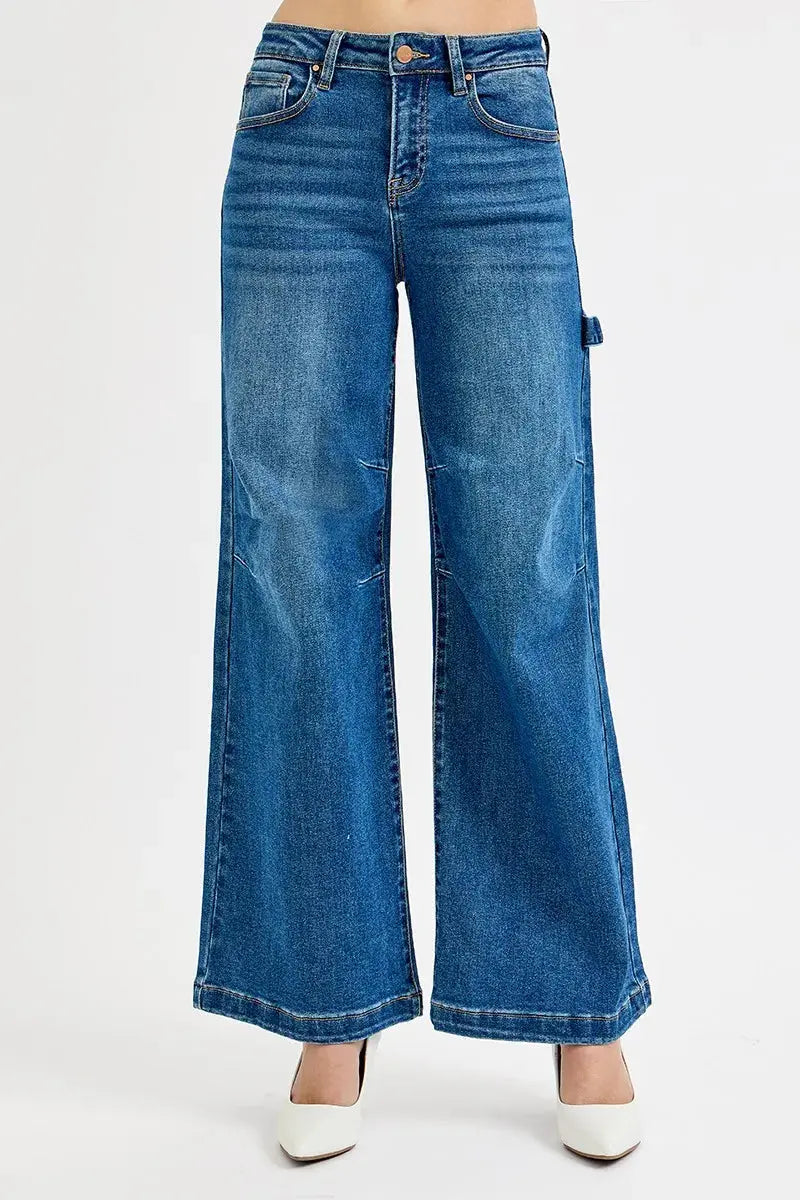 RISEN Jeans - Plus Size High Rise Wide Leg Patch Detailed Jeans
